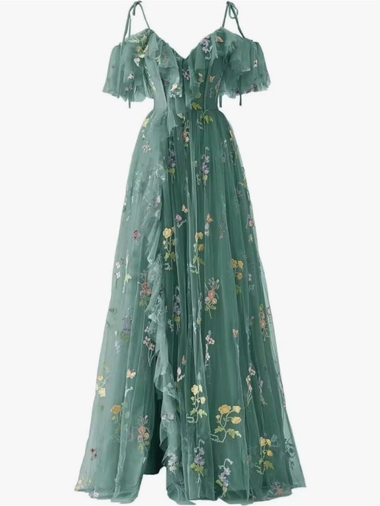 Dresses & Skirts - Green Floral Off-Shoulder Evening Dress